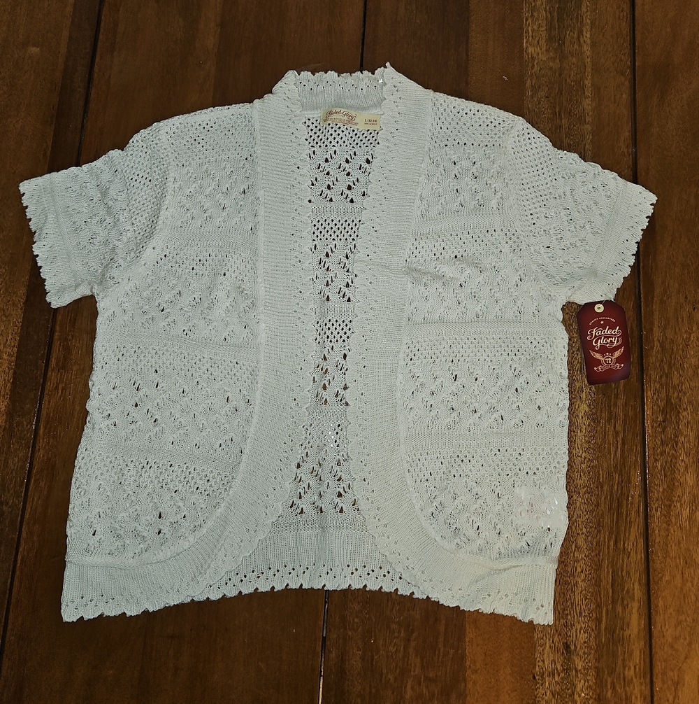 Faded Glory Open-Knit Short Sleeve White Cardigan